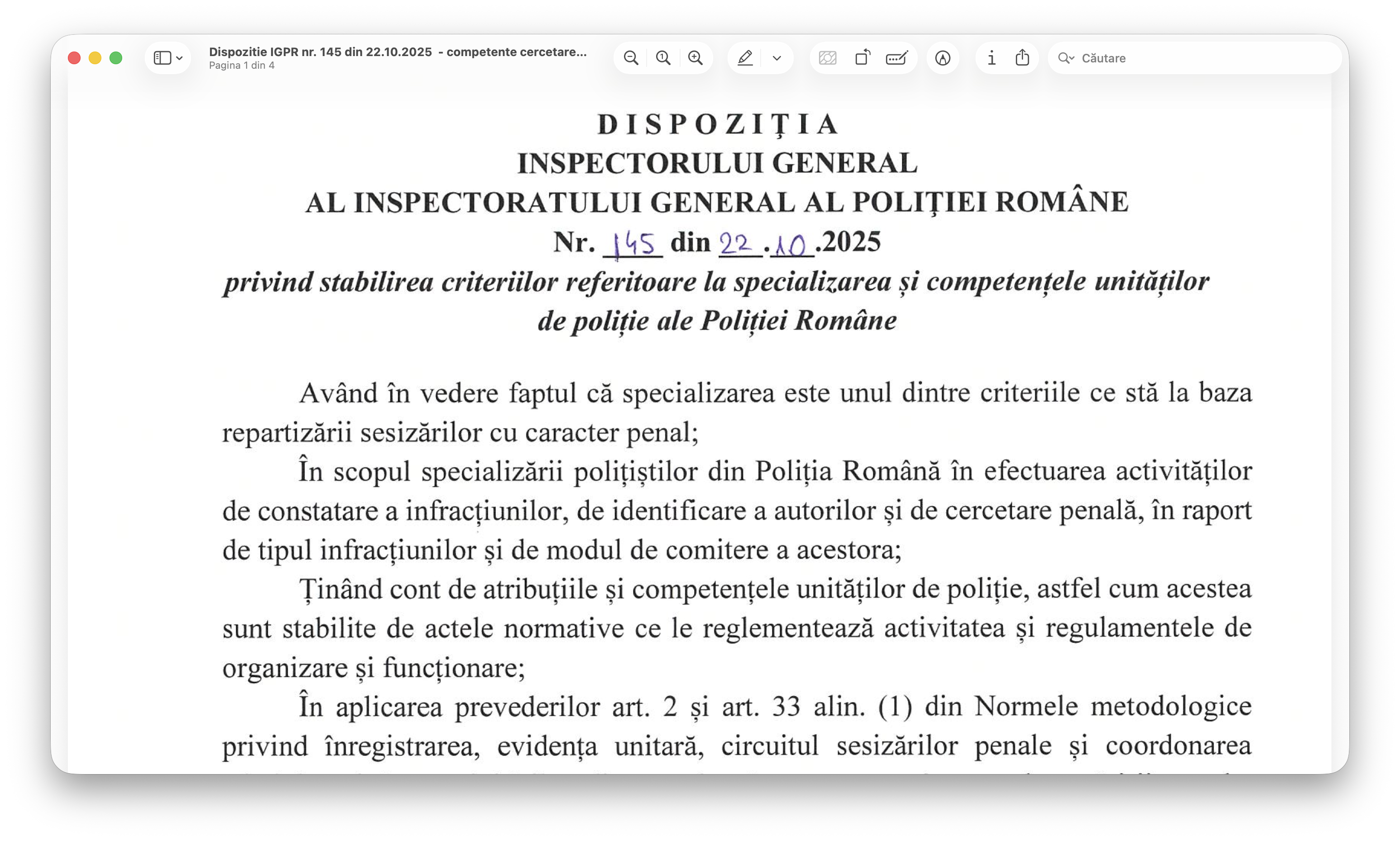 Mai multe informaţii despre "Dispoziția IGPR 145 din 22.10.2025 competențe urmărire penală"